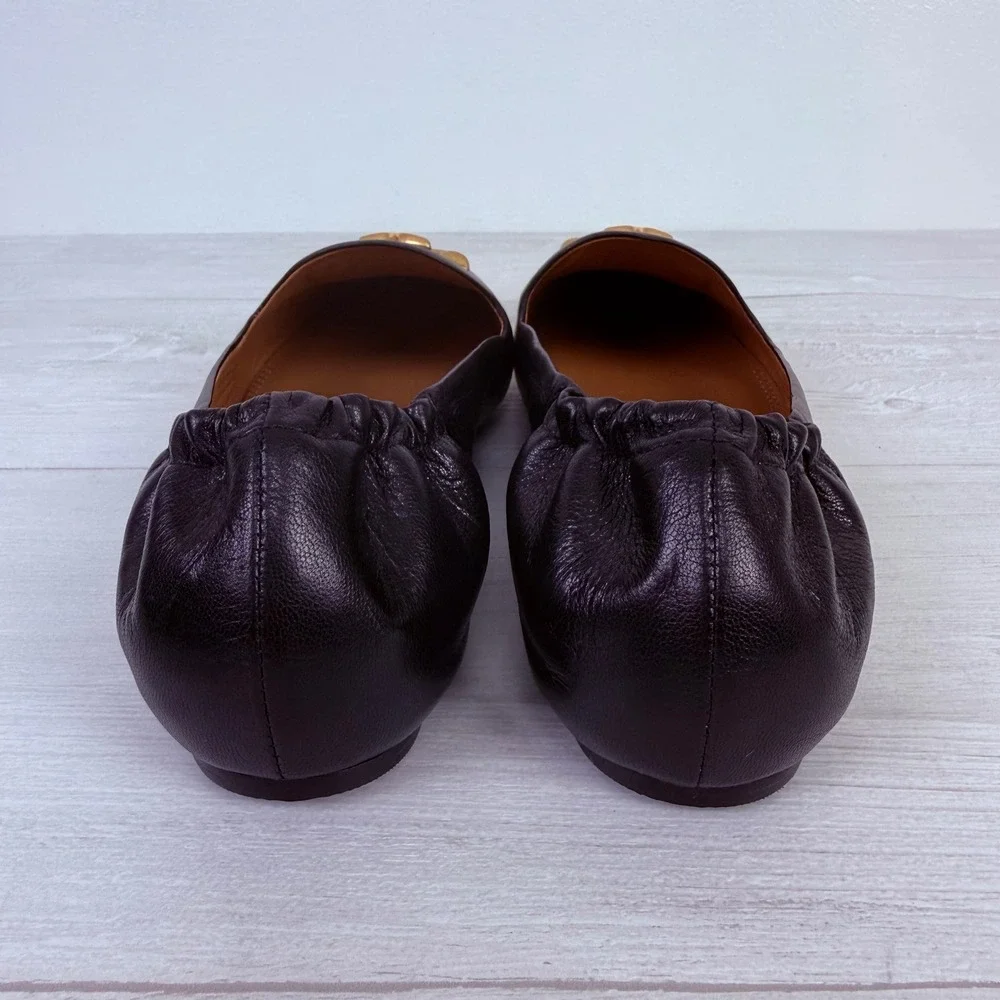 Tory Burch Eleanor Loafers Flats‎ Size 11 Black Leather Gold Logo Classic Chic